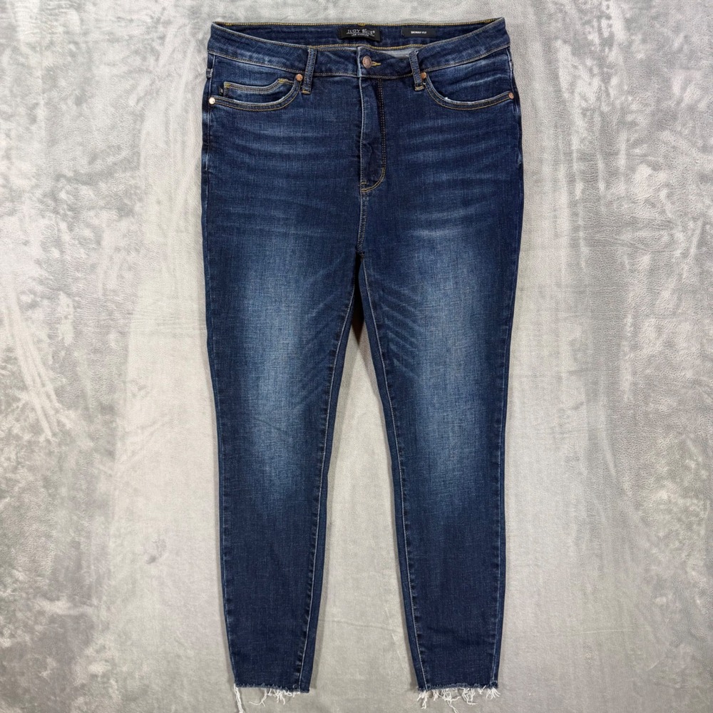 Judy Blue High Rise Skinny Jeans Womens Size 15/32 Blue Dark Wash Raw Hem